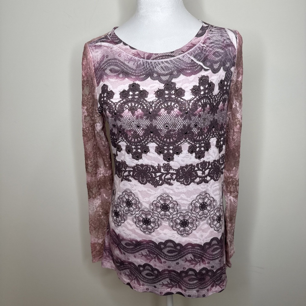 Y2K Dark Fairy Grunge Top Womens Medium Whimsigoth Bling‎ Lace Sleeve Sheer Goth